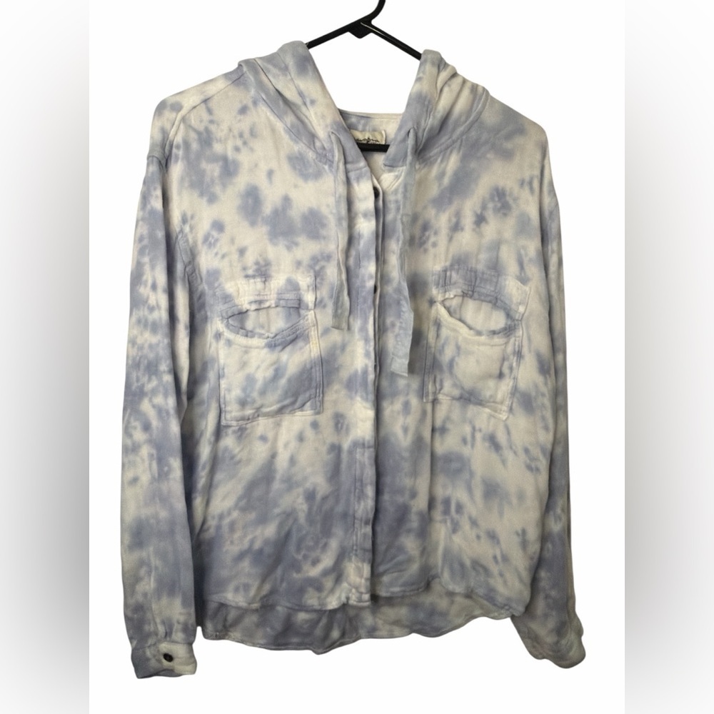 Vintage Havana White Blue Tie-Dye Button Up Hoodie Top Size Medium